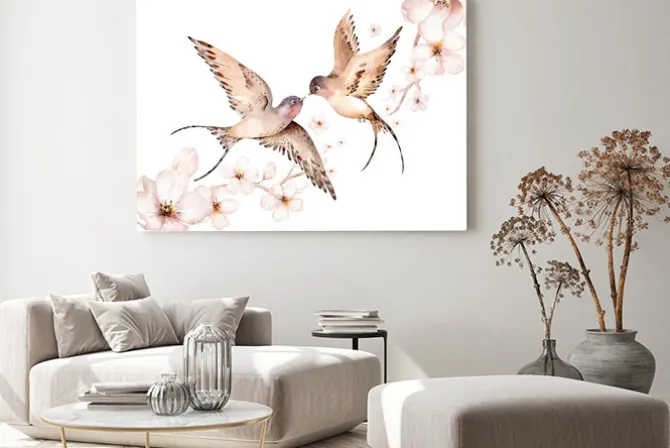 Obraz: Akwarela z wiosennymi jaskółkami i kwitnącymi kwiatami