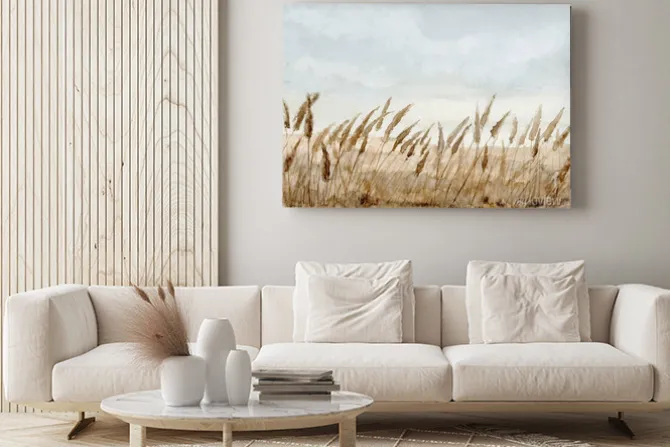 Obraz: Akwarelowa trawa pampasowa na tle nieba i piasku