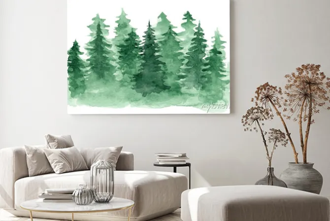 Obraz: Akwarelowy zielony iglasty las