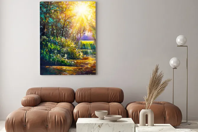 Obraz: Art painting scenic forest of fresh green deciduous trees framed