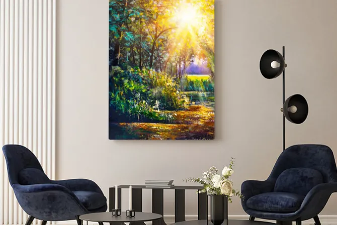 Obraz: Art painting scenic forest of fresh green deciduous trees framed