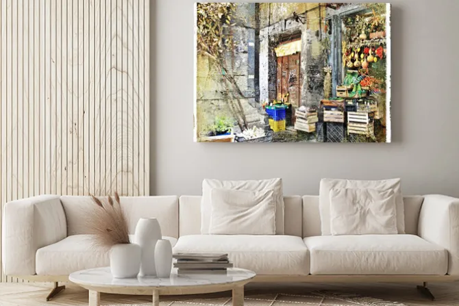 Obraz: Artystyczna ilustracja włoskiego sklepu z warzywami