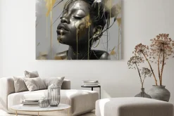 Obraz: Artystyczny portret kobiety w stylu abstrakcyjnym ze złotem