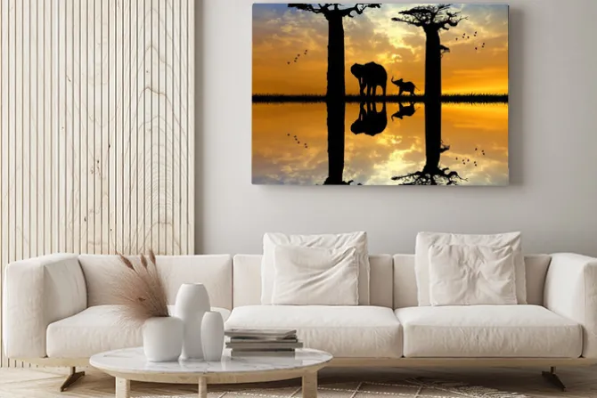 Obraz: Baobab i słoń na zachodzie słońca