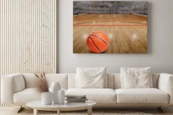 Obraz: Basketball arena z kulki na przestrzeni sądowym i kopiowania.