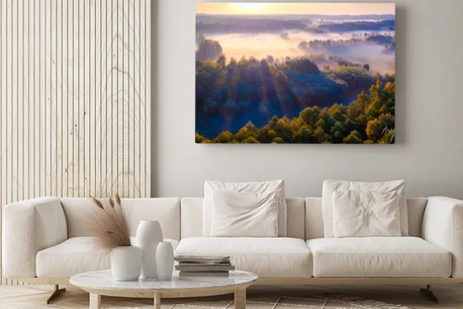 Obraz: Beautiful foggy morning landscape photographed from above