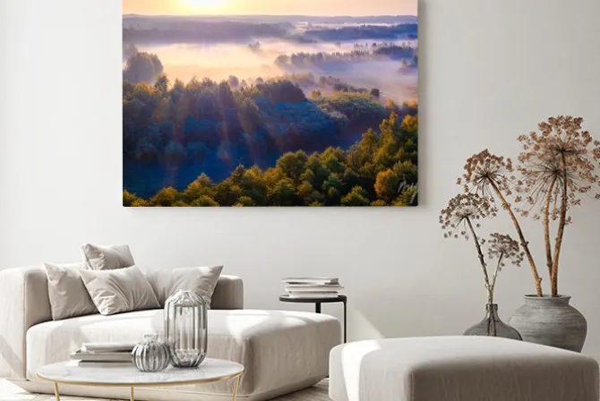 Obraz: Beautiful foggy morning landscape photographed from above