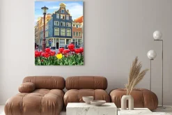 Obraz: Beautiful landscape with tulips and houses in amsterdam, holland