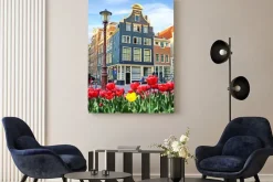 Obraz: Beautiful landscape with tulips and houses in amsterdam, holland