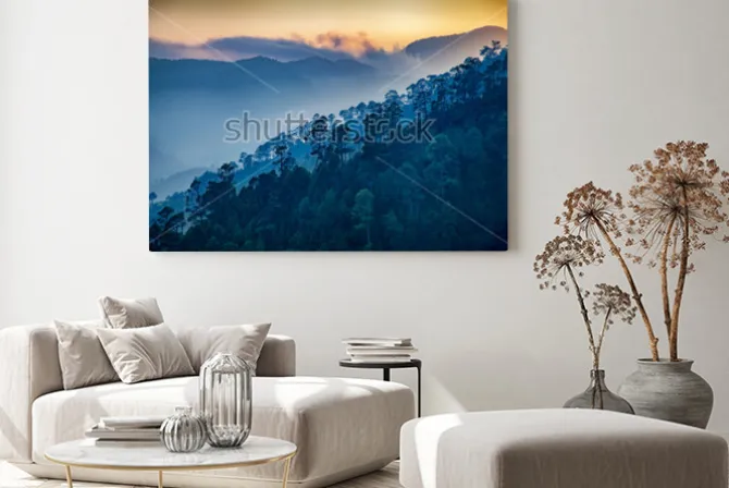 Obraz: Beautiful view of foggy pine forest and sunrise at himalaya range,