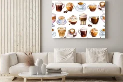 Obraz: Bezszwowy wzór z różnymi kawowymi napojami na białym tle. ilustracja