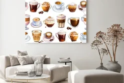 Obraz: Bezszwowy wzór z różnymi kawowymi napojami na białym tle. ilustracja