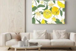 Obraz: Bezszwowy wzór z świeżymi soczystymi cytrynami, cały i pokrojony