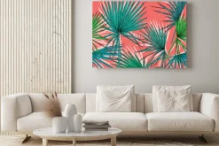 Obraz: Bezszwowy wzór z wizerunkiem zielona fan palma opuszcza na koralowym