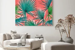 Obraz: Bezszwowy wzór z wizerunkiem zielona fan palma opuszcza na koralowym