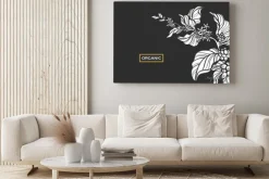 Obraz: Biała gałąź drzewa kawy z liści, kwiatów i naturalnych ziaren