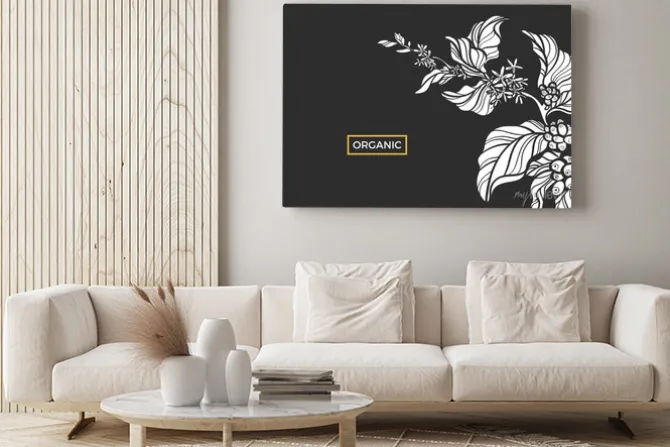 Obraz: Biała gałąź drzewa kawy z liści, kwiatów i naturalnych ziaren