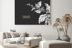 Obraz: Biała gałąź drzewa kawy z liści, kwiatów i naturalnych ziaren