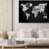 Obraz: Biała typograficzna mapa świata na czarnym tle