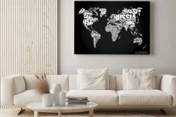 Obraz: Biała typograficzna mapa świata na czarnym tle