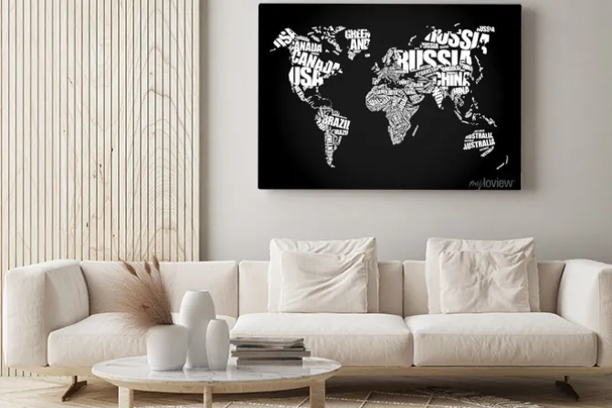 Obraz: Biała typograficzna mapa świata na czarnym tle