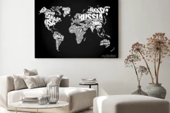 Obraz: Biała typograficzna mapa świata na czarnym tle