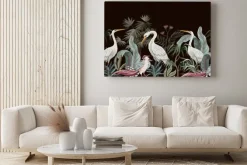 Obraz: Białe bociany i egzotyczne rośliny