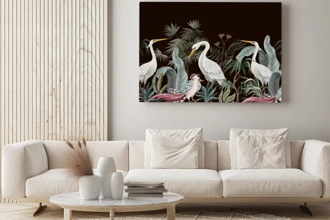 Obraz: Białe bociany i egzotyczne rośliny