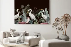 Obraz: Białe bociany i egzotyczne rośliny