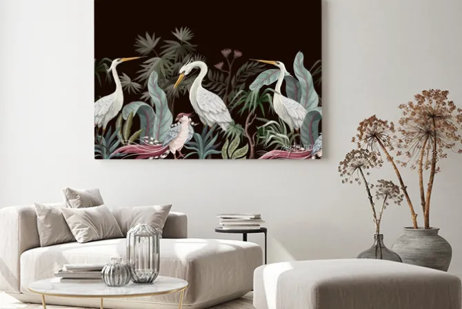 Obraz: Białe bociany i egzotyczne rośliny
