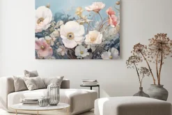 Obraz: Białe i różowe kwiaty na niebieskim tle