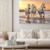 Obraz: Białe konie nad brzegiem morza o zachodzie słońca