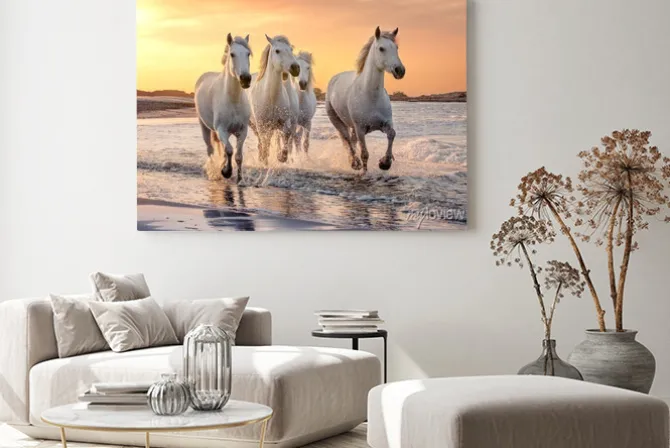 Obraz: Białe konie nad brzegiem morza o zachodzie słońca