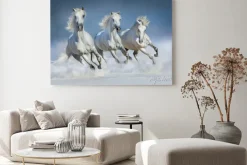 Obraz: Białe konie podczas galopu w śniegu