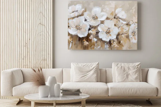 Obraz: Białe kwiaty malowane na beżowym tle w stylu olejnym