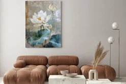 Obraz: Białe lilie wodne i liście w stylu vintage