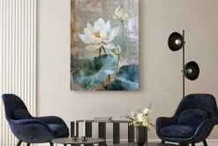 Obraz: Białe lilie wodne i liście w stylu vintage