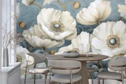 Obraz: Białe maki na błękitnym tle