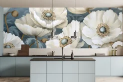 Obraz: Białe maki na błękitnym tle