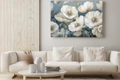 Obraz: Białe maki na błękitnym tle