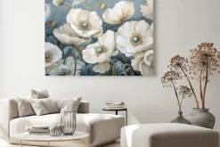 Obraz: Białe maki na błękitnym tle