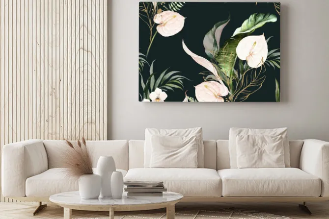 Obraz: Białe tropikalne kwiaty na czarnym tle