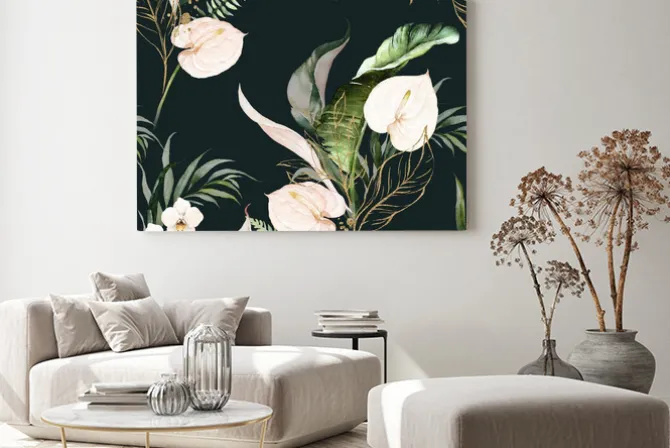 Obraz: Białe tropikalne kwiaty na czarnym tle