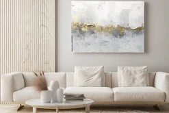 Obraz: Biało-szara abstrakcja ze złotymi pociągnięciami pędzla