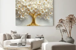 Obraz: Biało-złote kwiaty na drzewie 3d