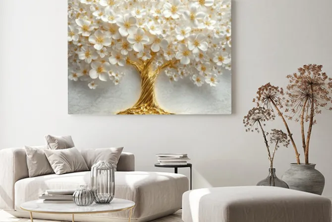 Obraz: Biało-złote kwiaty na drzewie 3d