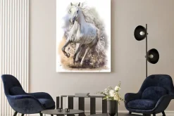 Obraz: Biały koń galopujący w piasku