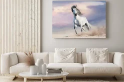 Obraz: Biały koń w galopie na piasku