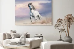 Obraz: Biały koń w galopie na piasku