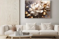 Obraz: Biały kwiat 3d ze złotymi liśćmi elegancka kompozycja